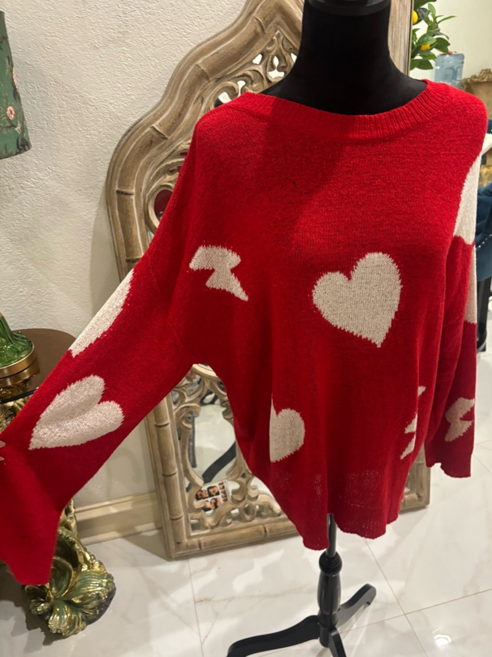 Red Heart-Pattern Crewneck Sweater